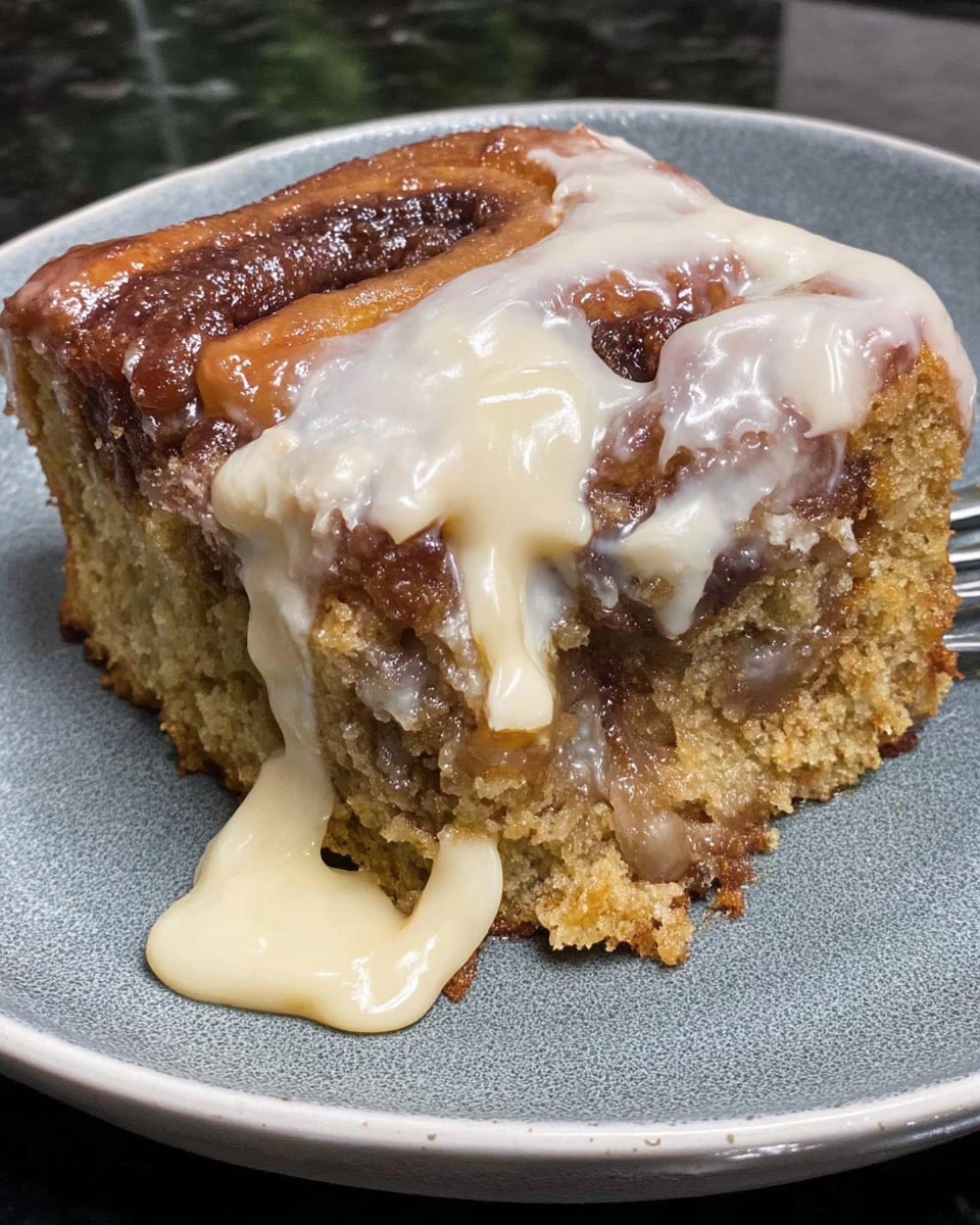 A 9x13 baking dish containing a freshly baked cinnamoroll cake with visible cinnamon swirls and a glossy glaze.