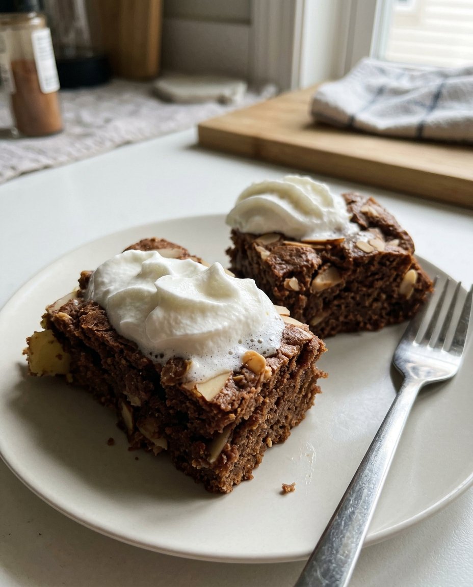 A golden brown ugly cake with visible custard swirls and a light dusting of powdered sugar