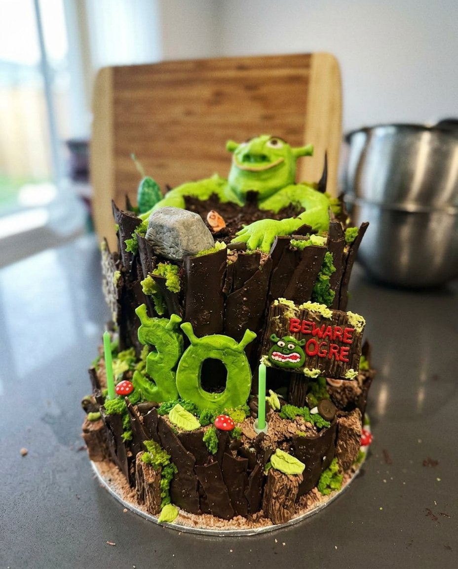 Hands sculpting green marzipan into Shrek's ears