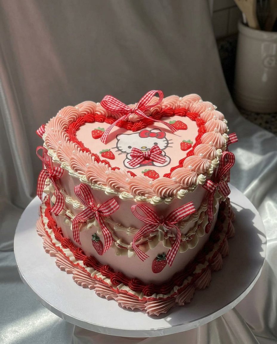 The finished Hello Kitty cake decorated with white, pink, and yellow buttercream on a clean white cake stand