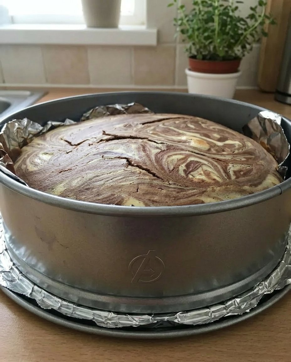 Marvel Cake 14 A whole marvel cake dusted with icing sugar on a white ceramic platter