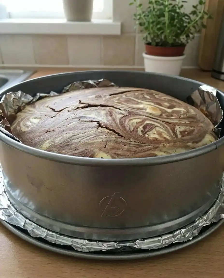 A whole marvel cake dusted with icing sugar on a white ceramic platter