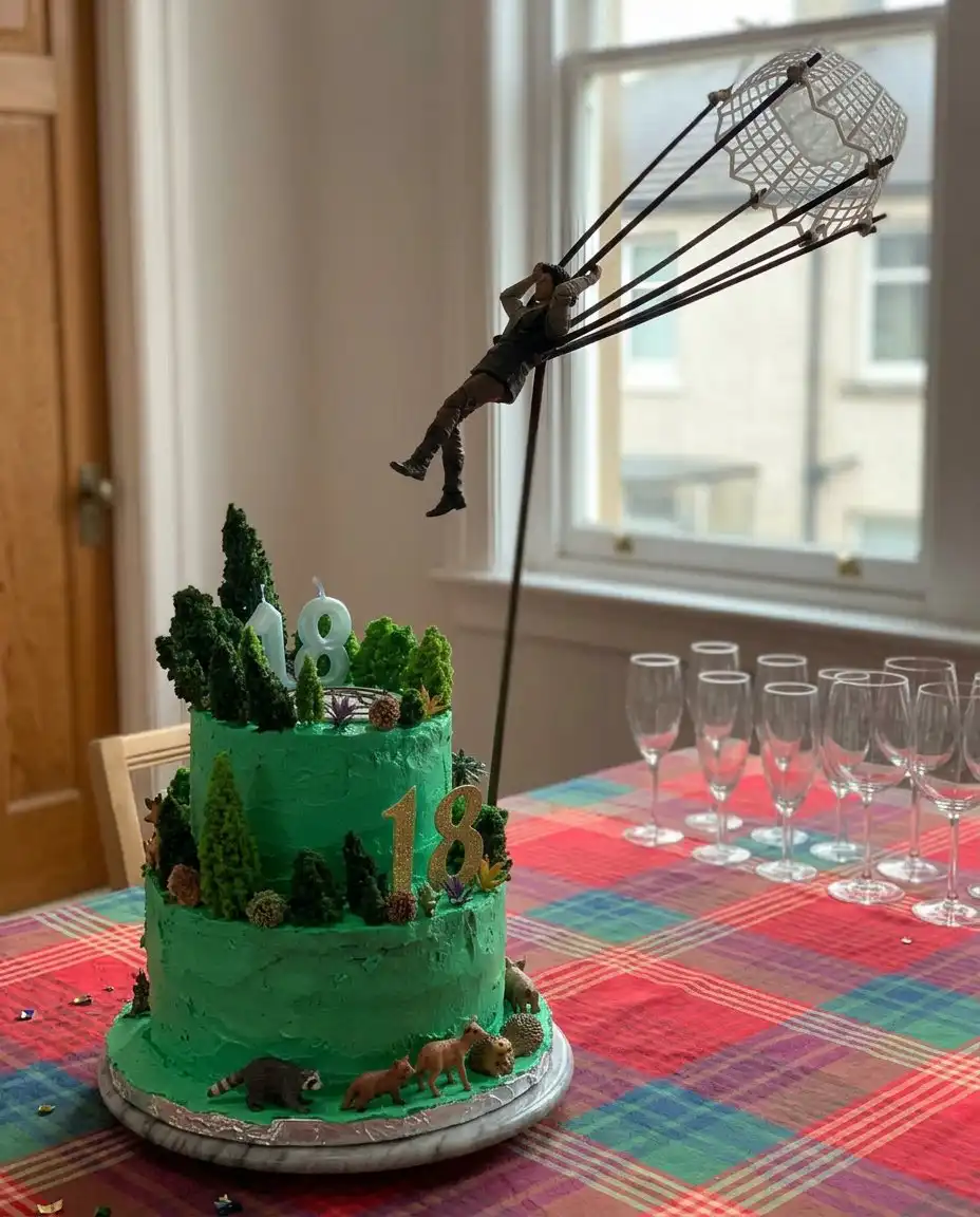 A slice of number cake on a plate next to a glass of sparkling cider