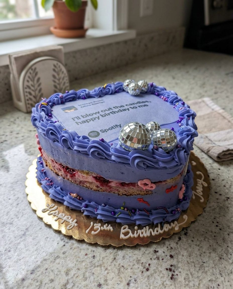 A slice of purple layered cake on a vintage floral china plate