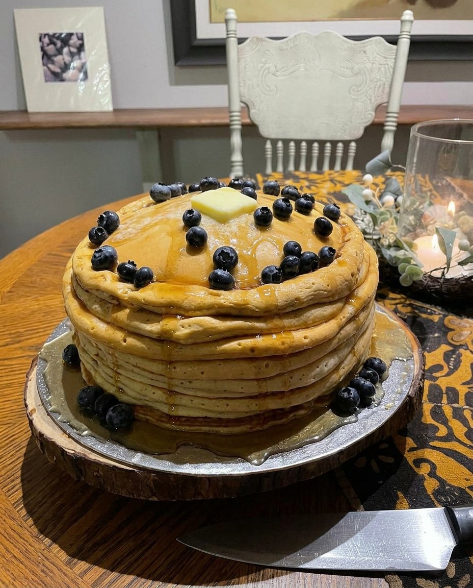 A slice of hyperrealistic pancake cake being served on a white plate