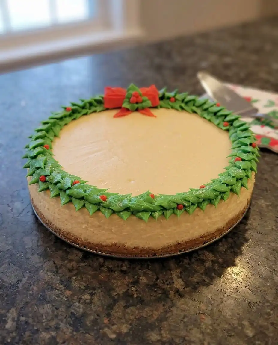 A slice of Christmas themed cake on a festive plate next to a cup of coffee