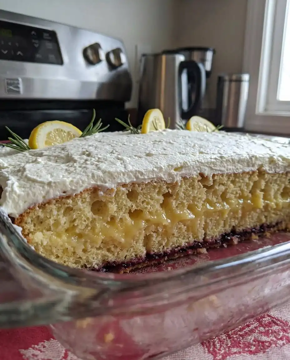 A slice of lemon poke cake served next to a steaming cup of coffee on a lace tablecloth