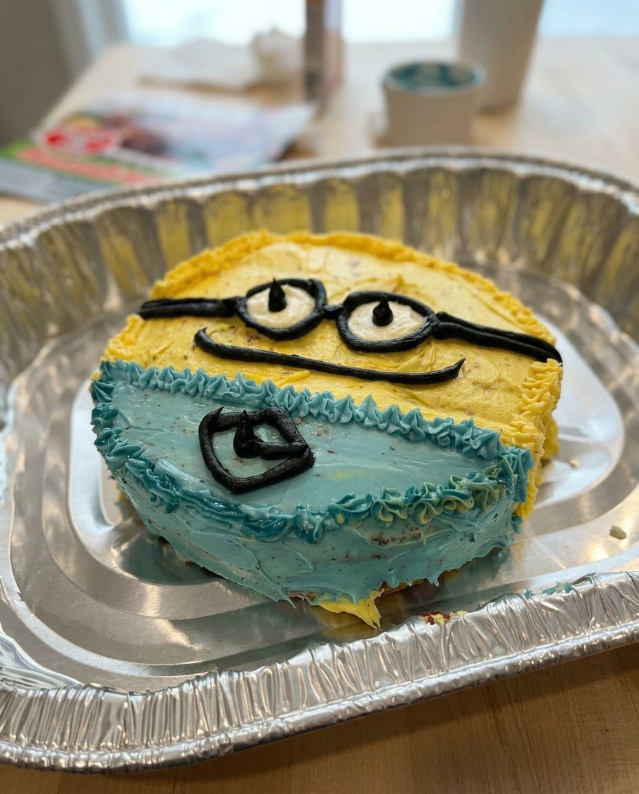 A slice of minion cake showing internal layers