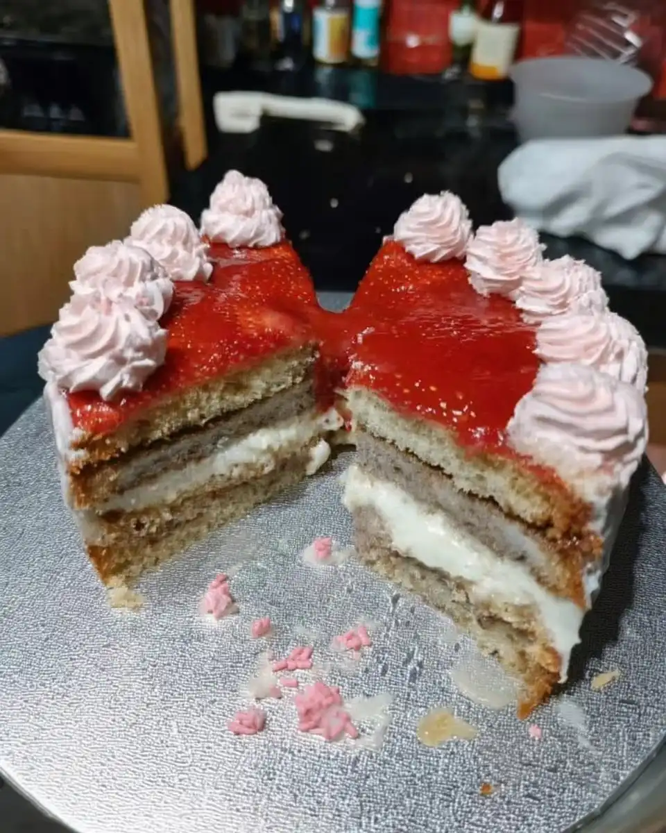 A slice of strawberry cake on a floral plate next to a vintage teacup
