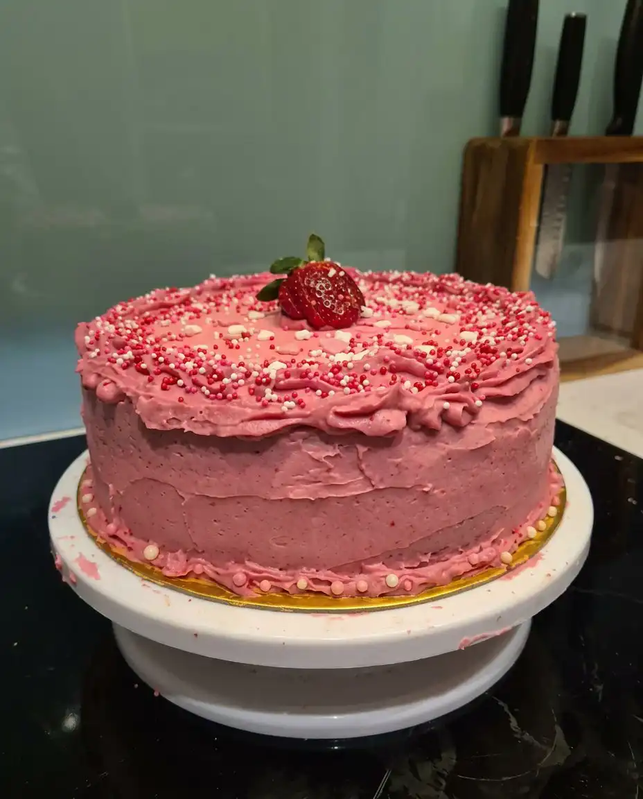 A thick slice of strawberry cake topped with a dollop of whipped cream and a dusting of sugar.