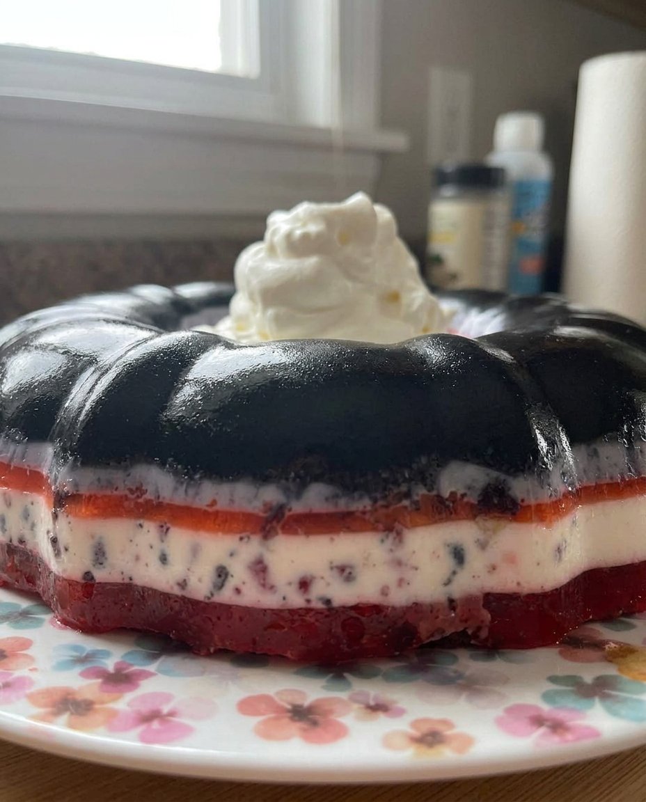 Jello Cake 14 A jello cake garnished with mint and strawberries on a white plate