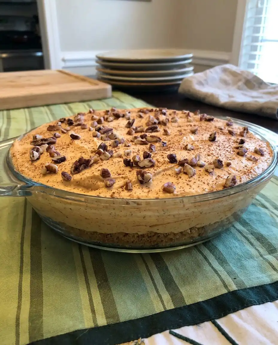 A 9x13 baking dish of thanksgiving cake being served at a festive table