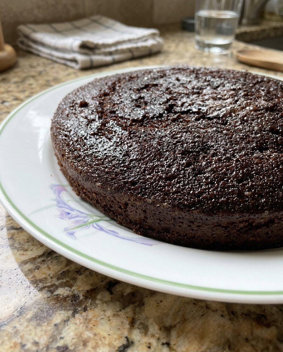 A whole frosted vegan cake next to a steaming cup of coffee on a lace tablecloth.