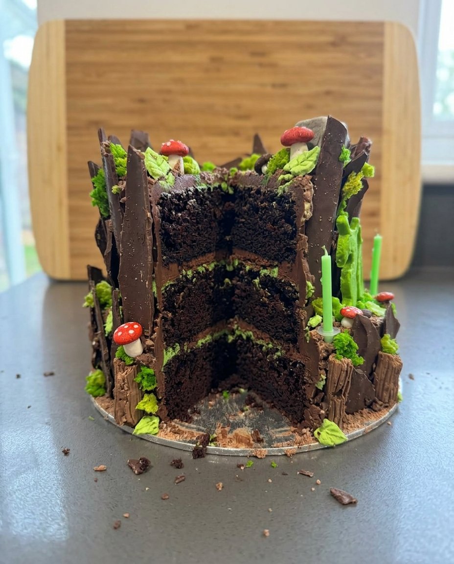 A fully decorated Shrek cake covered in green marzipan with flax seed eyelashes