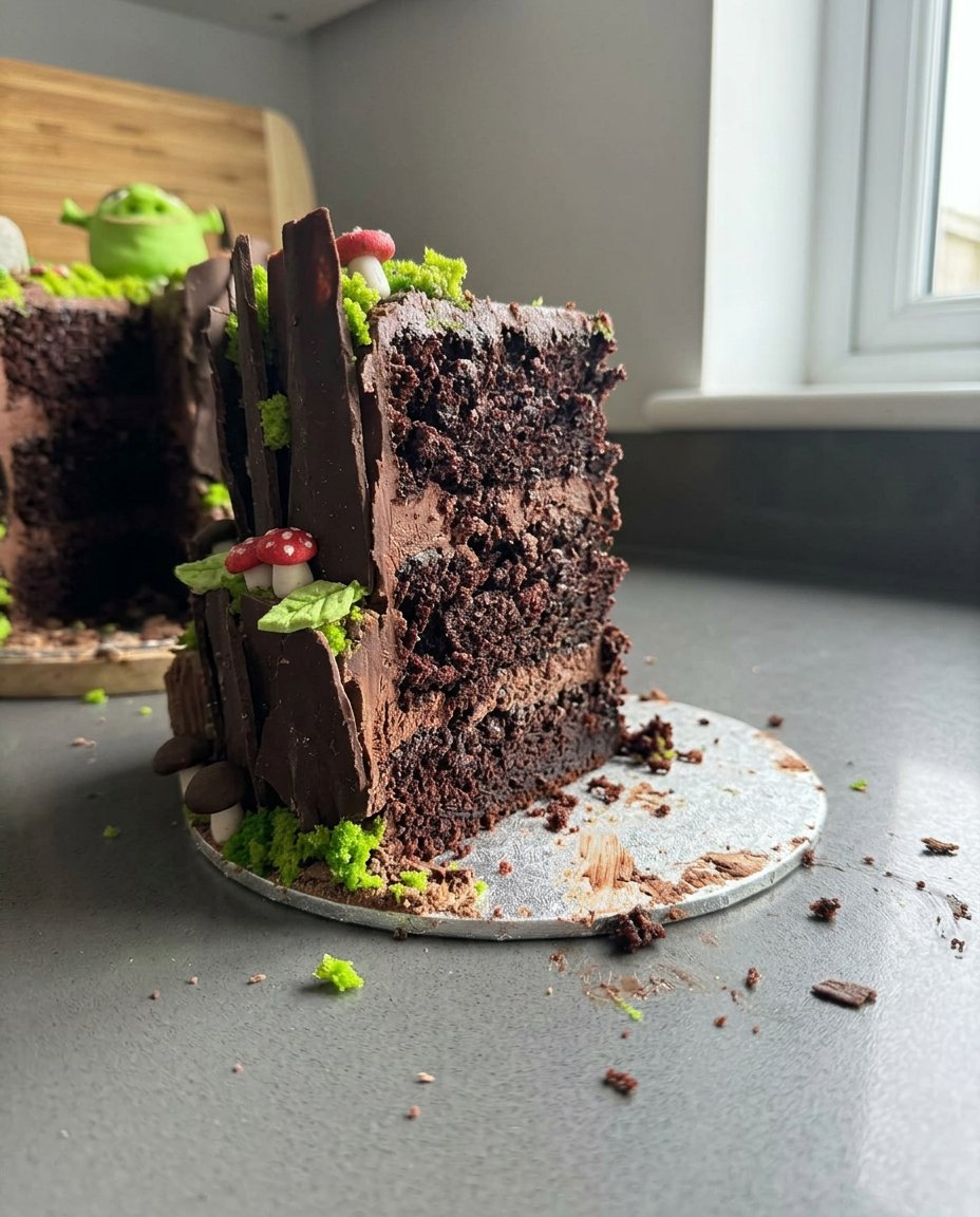 A slice of Shrek cake served on a plate with crushed cookies for dirt