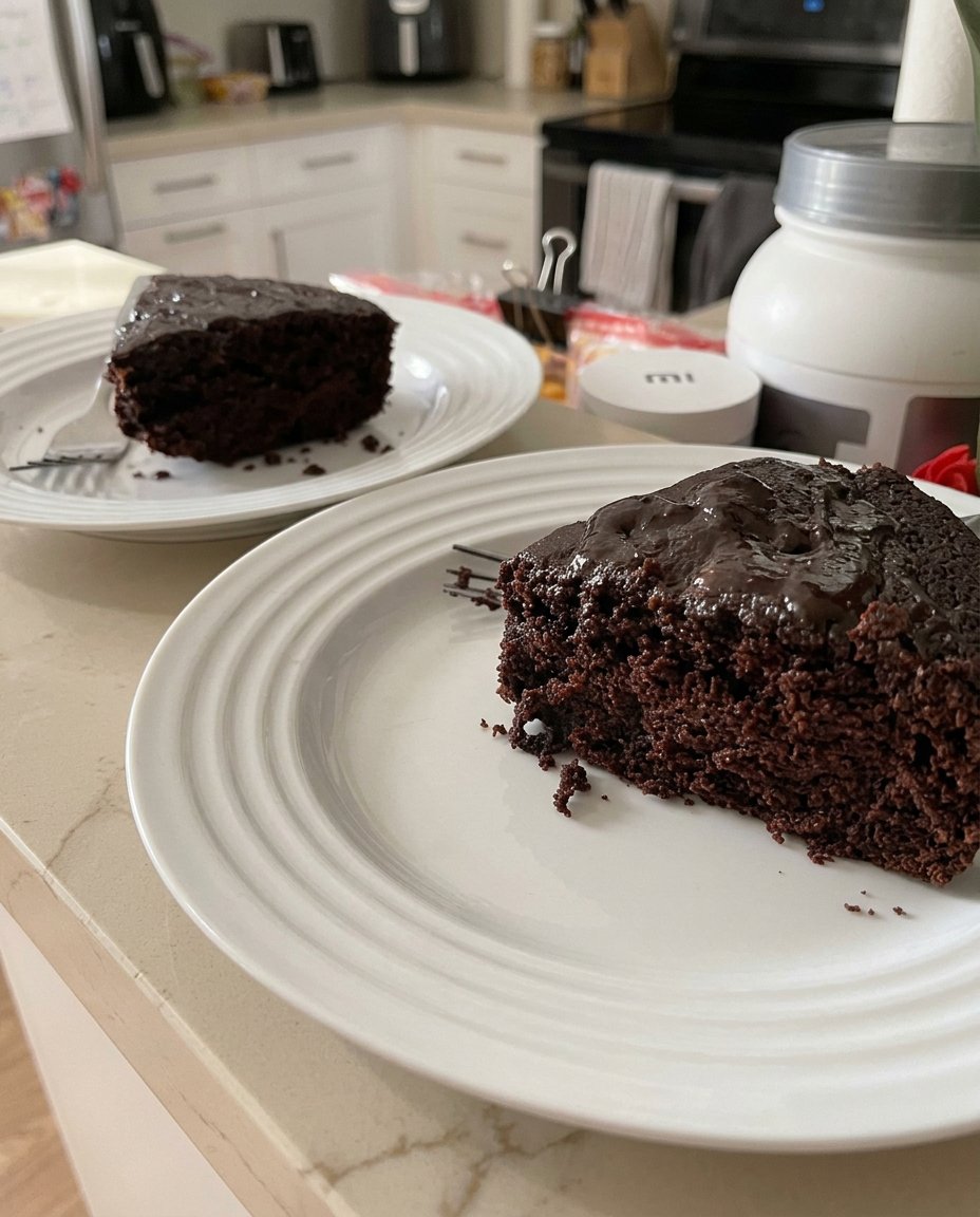 A person sifting dark cocoa powder into a large ceramic mixing bowl.