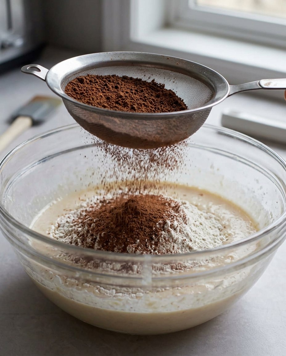 Hand sifting cocoa powder over a bowl of chocolate cake batter