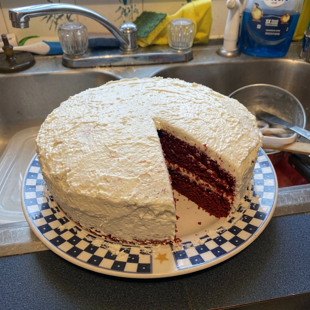 Red Cake 13 Hand sifting dry ingredients into a large glass bowl for cake batter
