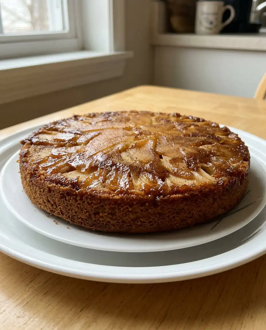 A single slice of apple spice cake on a vintage floral patterned plate with a fork