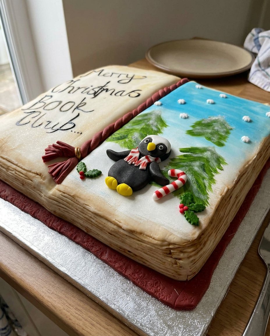 A slice of chocolate book cake showing the dense tender crumb