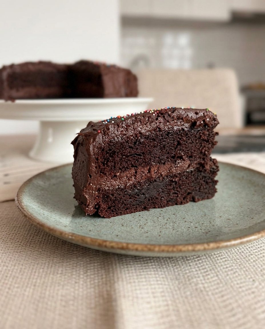 Easy Chocolate Cake 14 A single square slice of chocolate sheet cake on a white plate with a fork