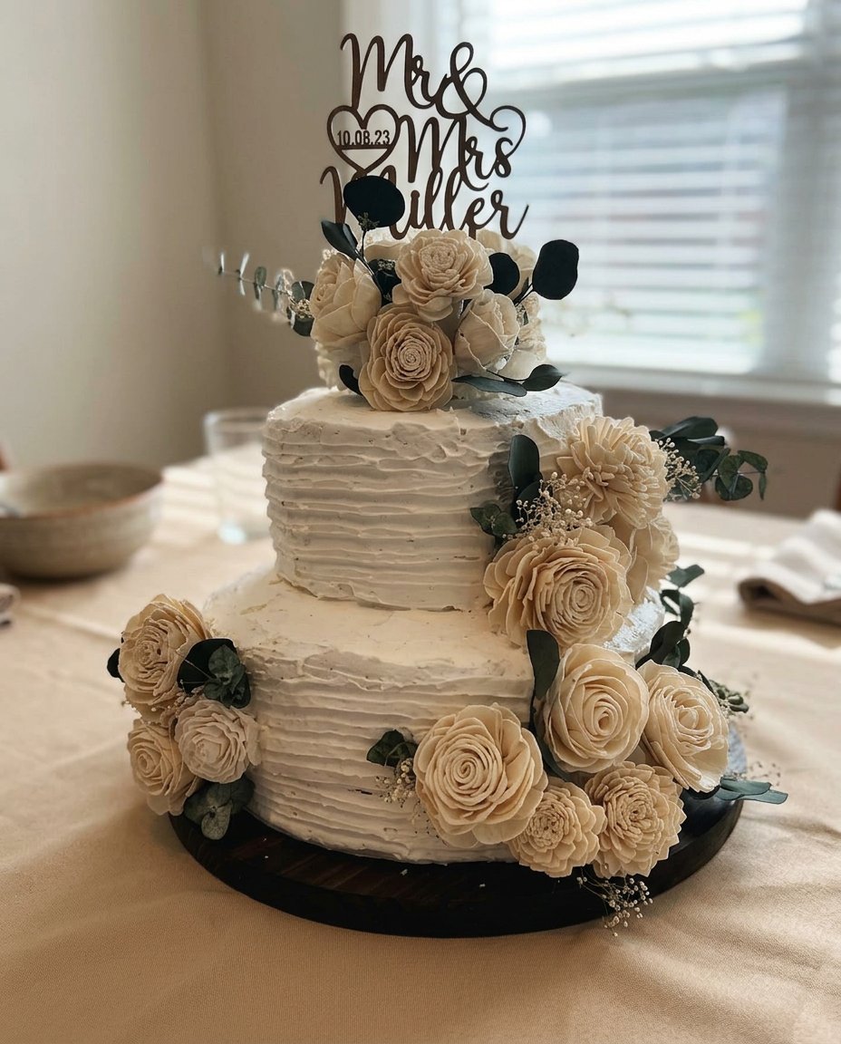 A slice of white cake with a flower petal on a floral patterned china plate