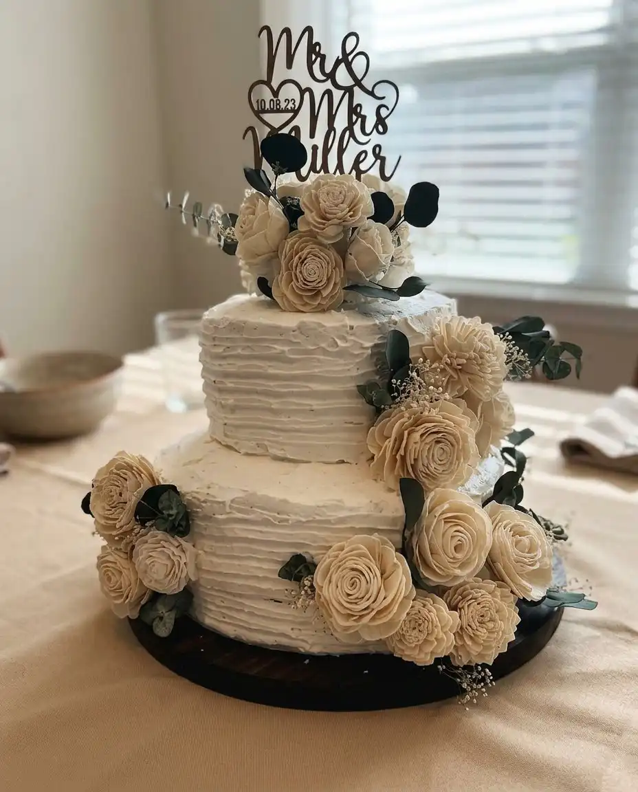 A slice of white cake with a flower petal on a floral patterned china plate