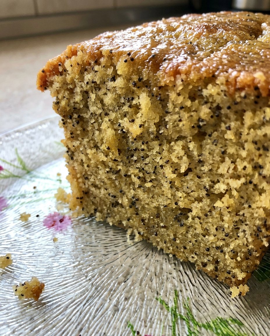 A square slice of lemon poppy seed cake on a vintage floral plate with a fork