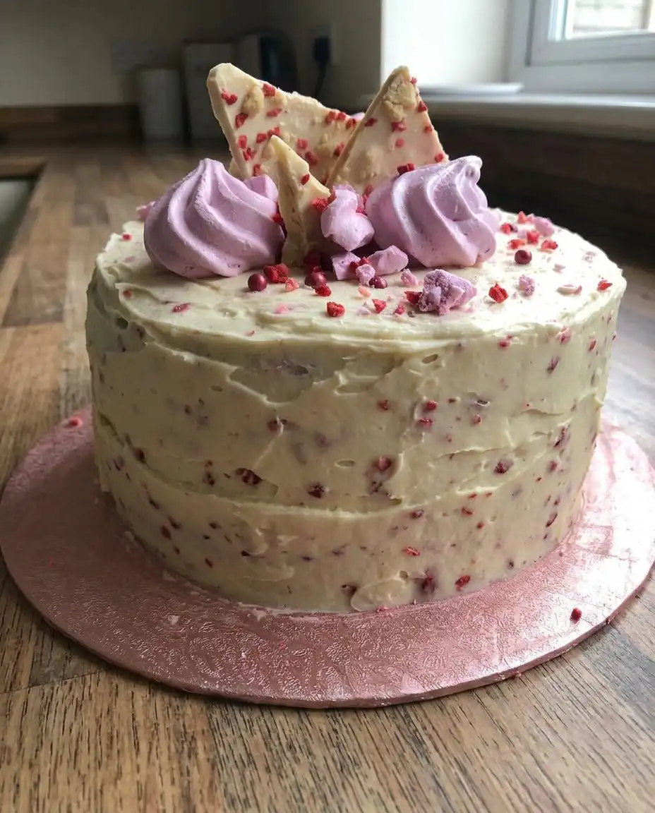 A slice of strawberry prosecco cake served on a vintage floral china plate with a gold fork.