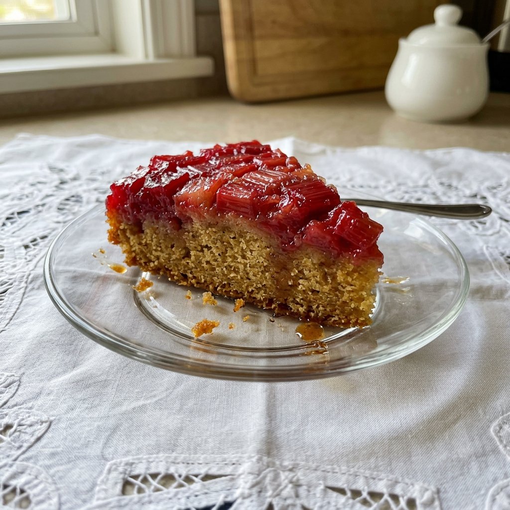 A single slice of Strawberry Rhubarb Cake 2 served on a vintage floral china plate with a silver fork.