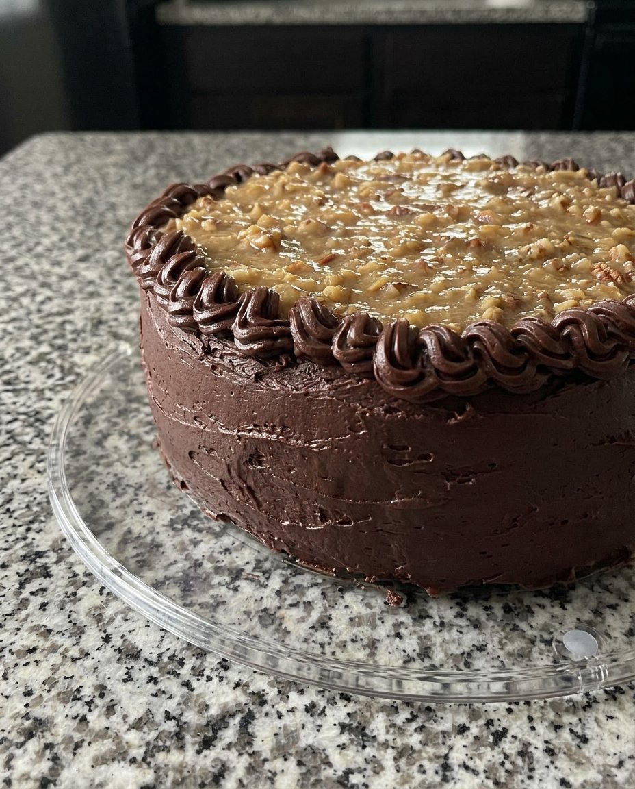 A single slice of moist chocolate cake on a refined ceramic plate