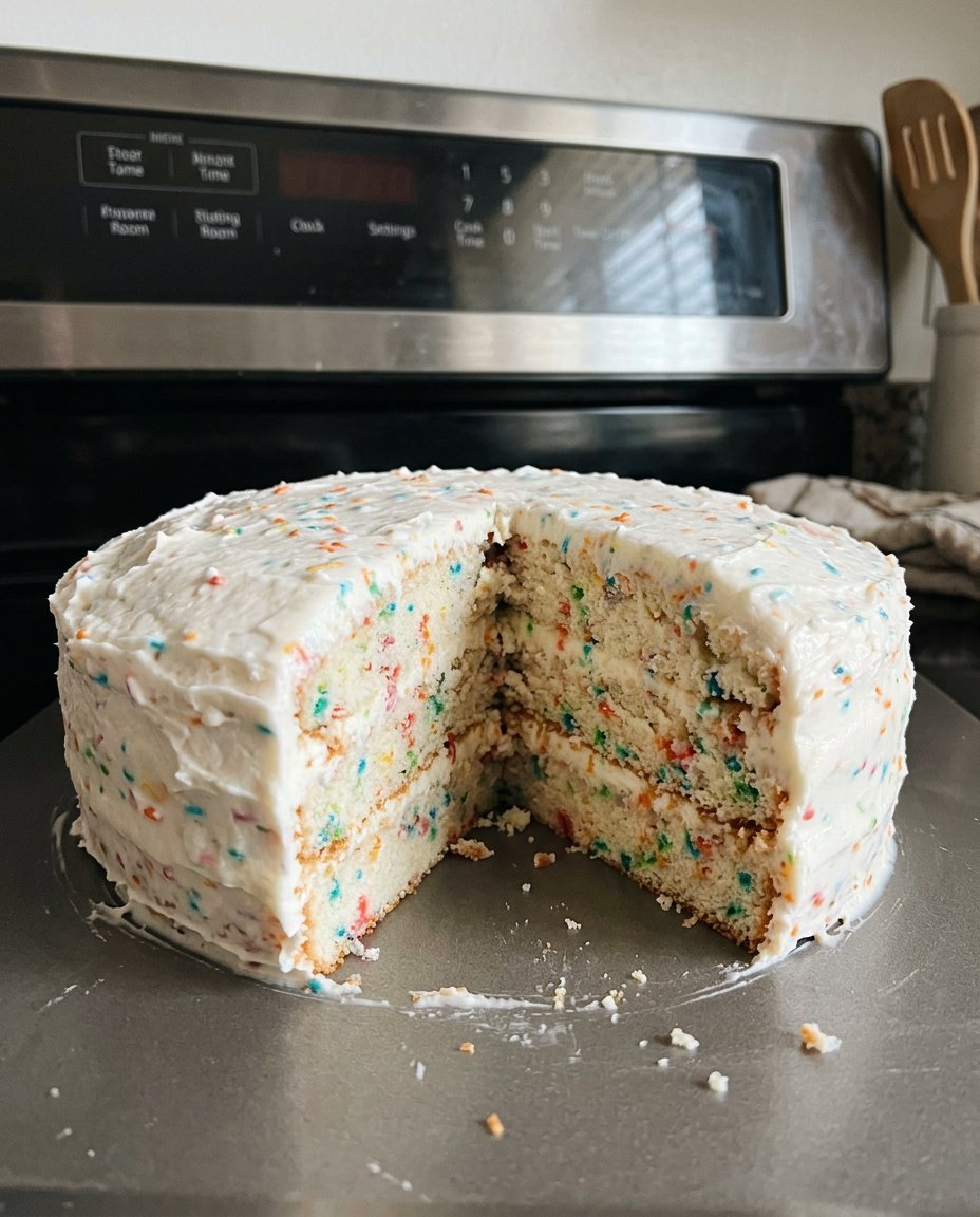A single slice of homemade vanilla cake showing the tender internal crumb