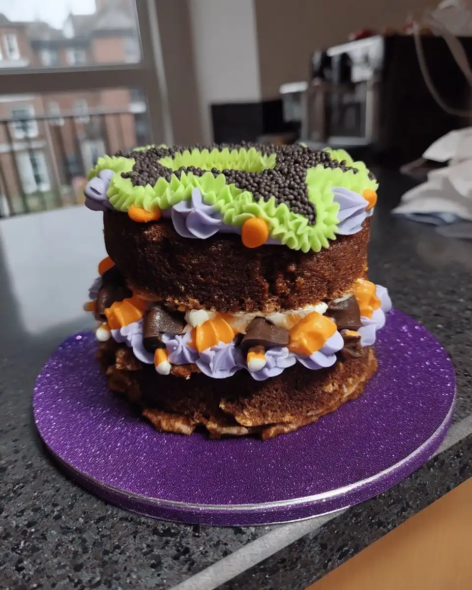 A slice of Lambeth cake showing colorful interior layers and sprinkles