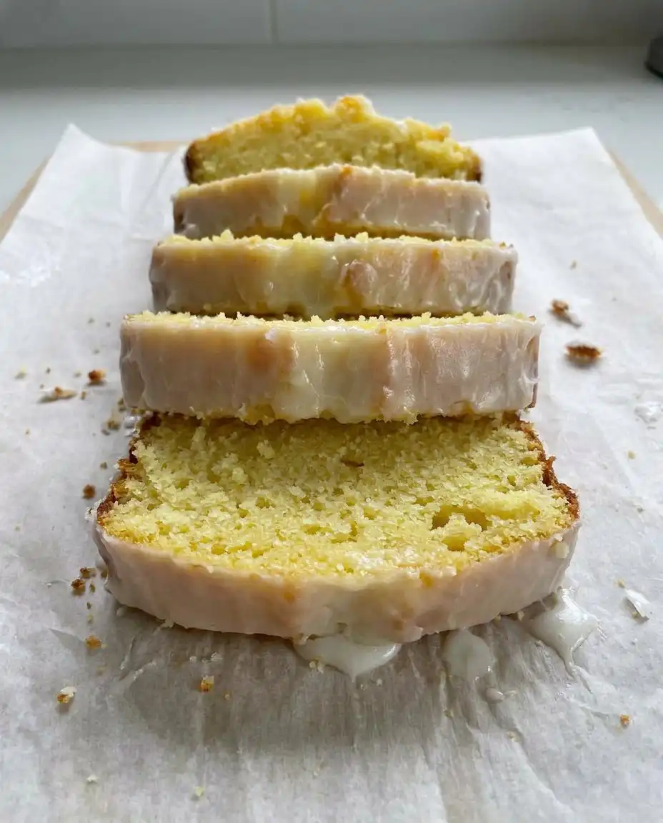 A single slice of iced lemon pound cake on a vintage floral china plate