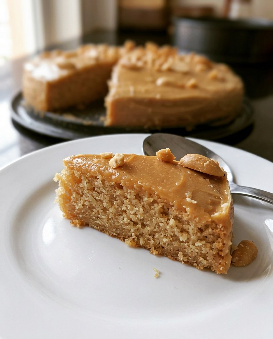 A single slice of moist cake on a plate with visible crumbs and thick frosting.