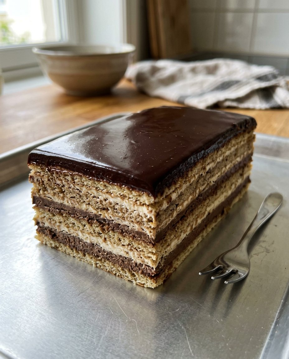 Opera Cake 14 Thin slices of Opera cake served with a vintage coffee cup