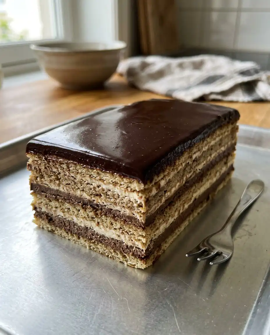 Thin slices of Opera cake served with a vintage coffee cup