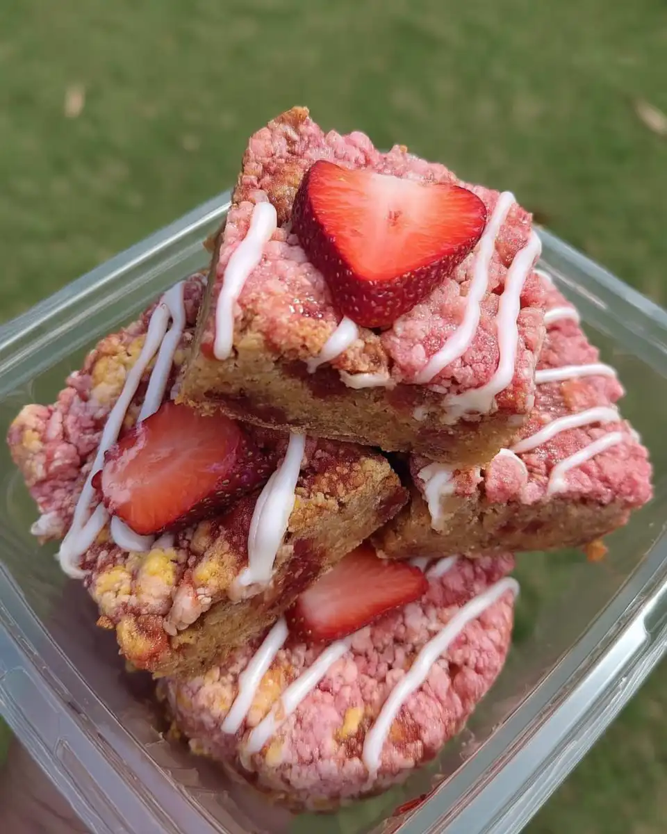 A whole strawberry crunch cake with the signature pink topping