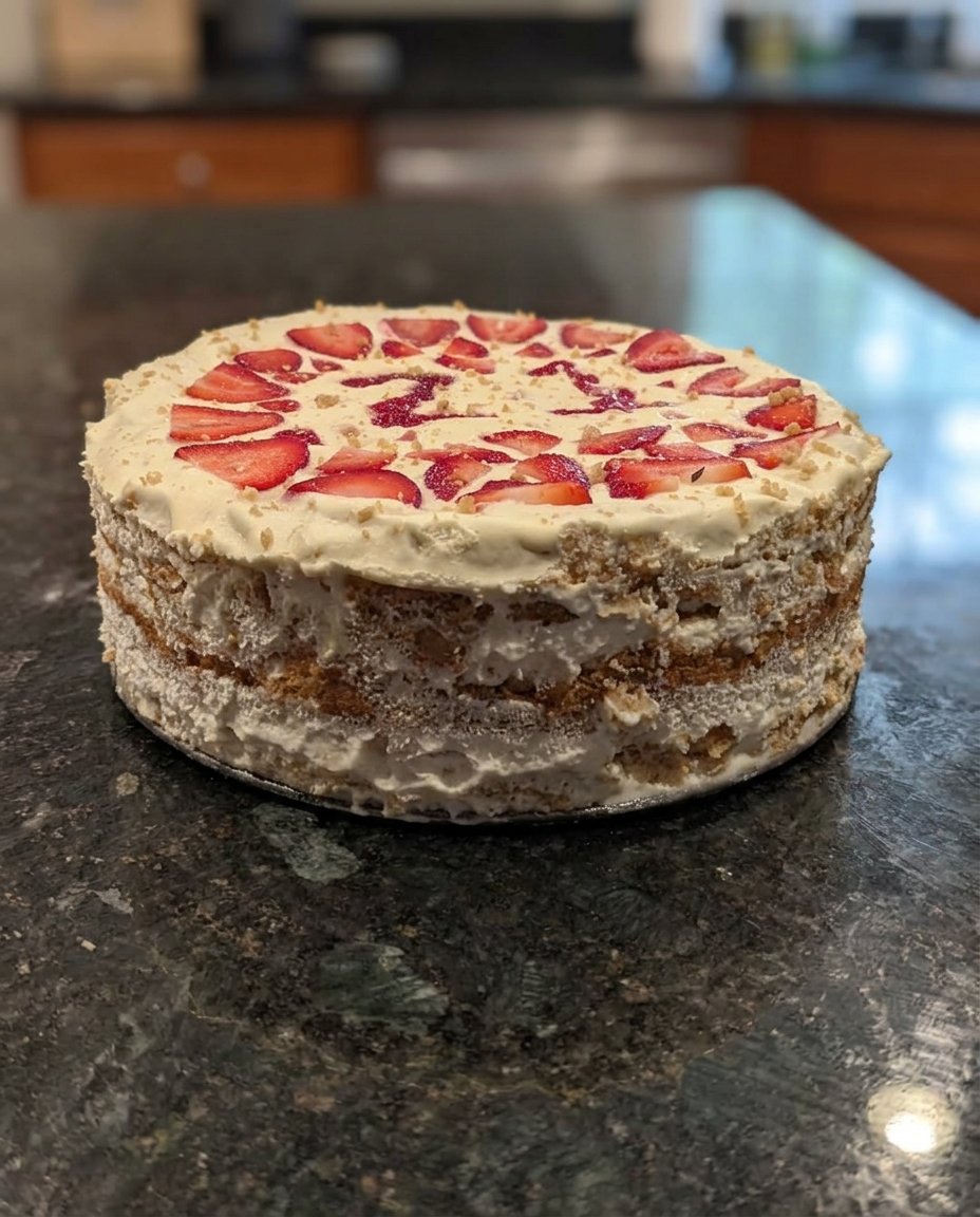 A single slice of strawberry icebox cake showing the distinct layers on a vintage floral china plate.