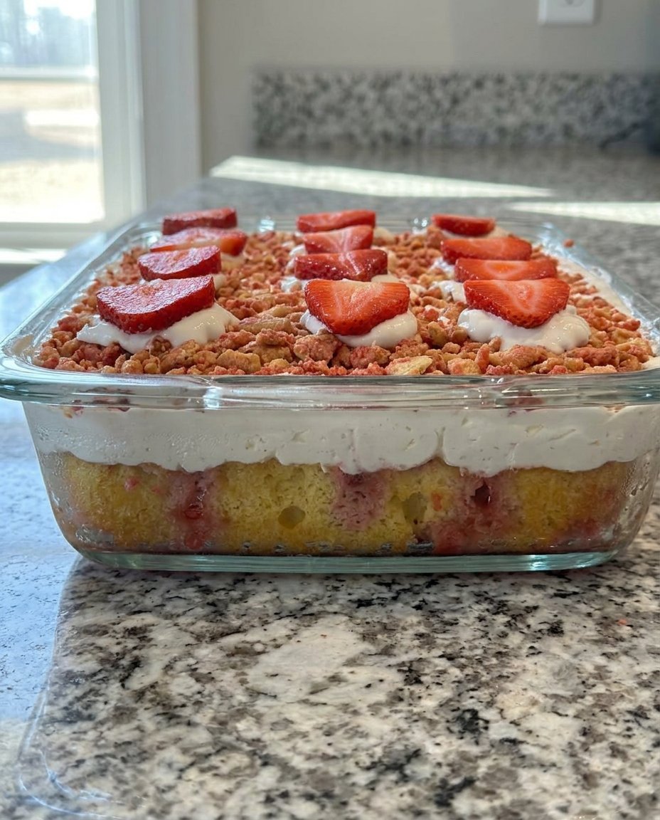 A slice of strawberry poke cake showing the internal red filling and graham cracker topping