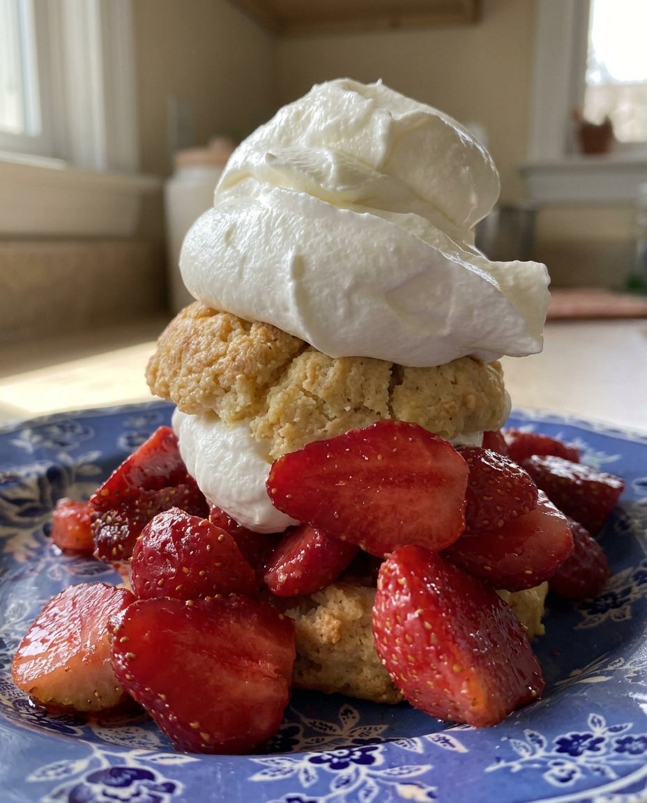 Strawberry Shortcake 3 14 A stack of two shortcake biscuits layered with thick strawberry syrup and cream.
