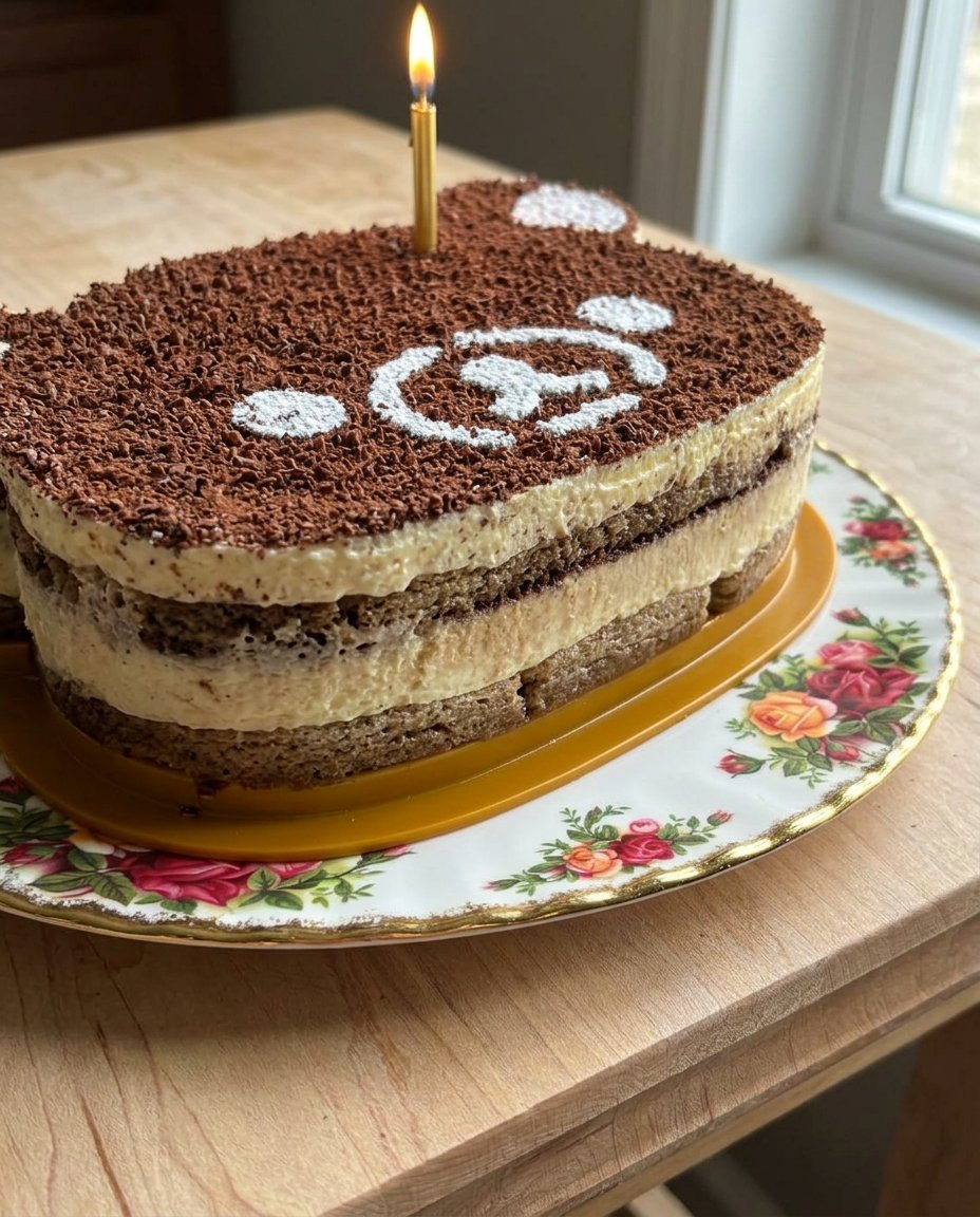 Tiramisu Cake 14 A single slice of tiramisu cake served on a white plate with a dusting of cocoa powder