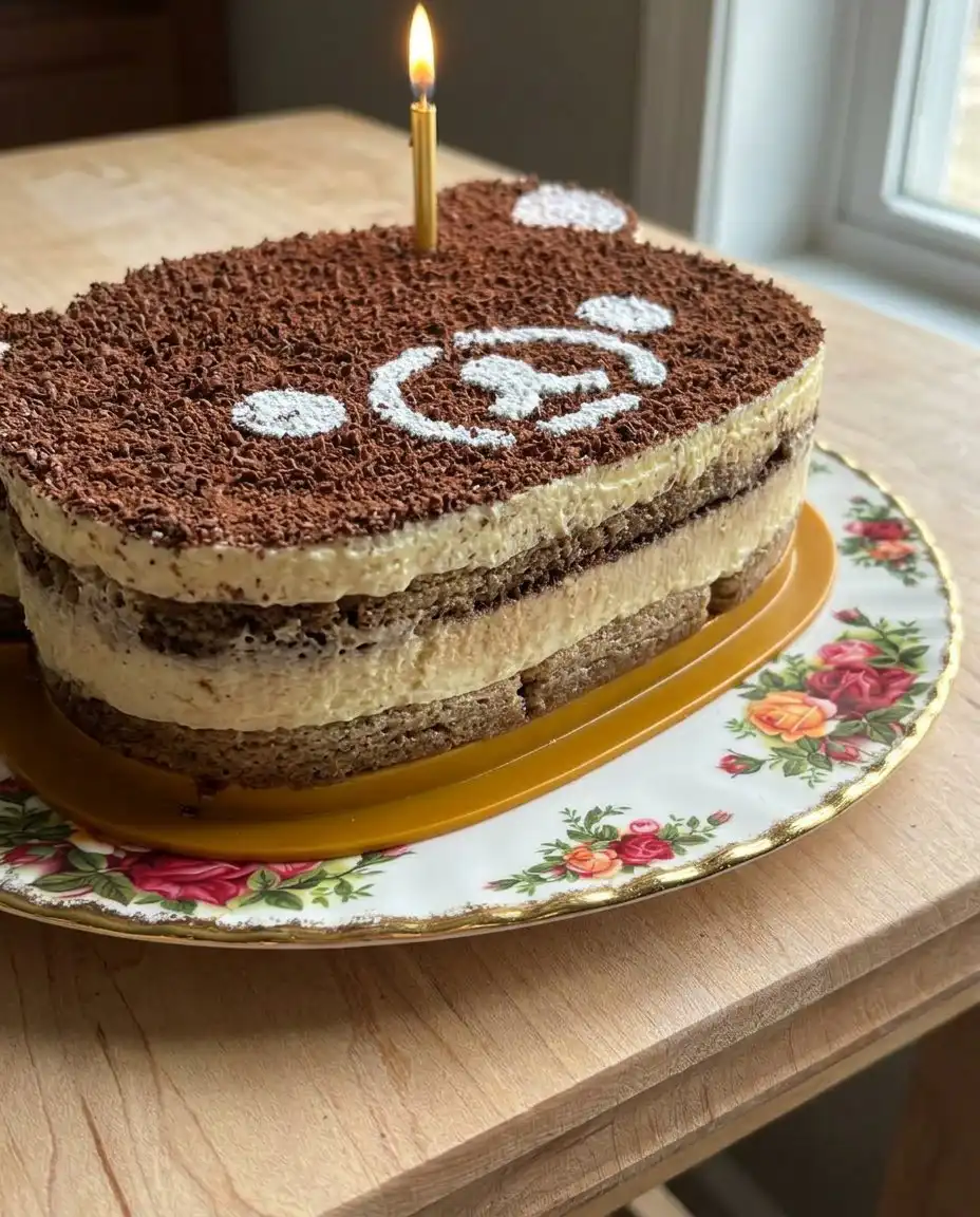 A single slice of tiramisu cake served on a white plate with a dusting of cocoa powder