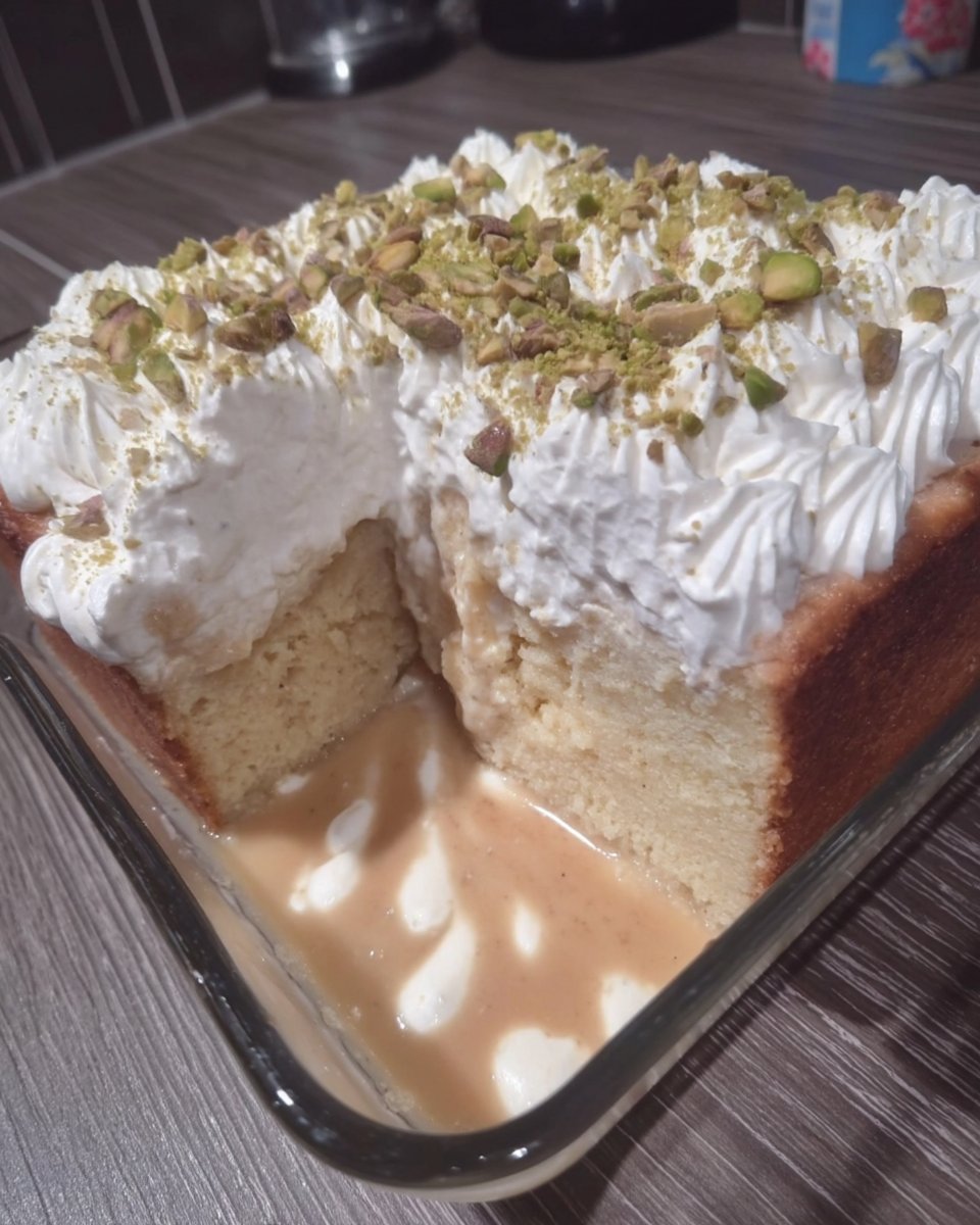 Tres Leches Cake Recipe 14 A square slice of tres leches cake on a white plate with a fork