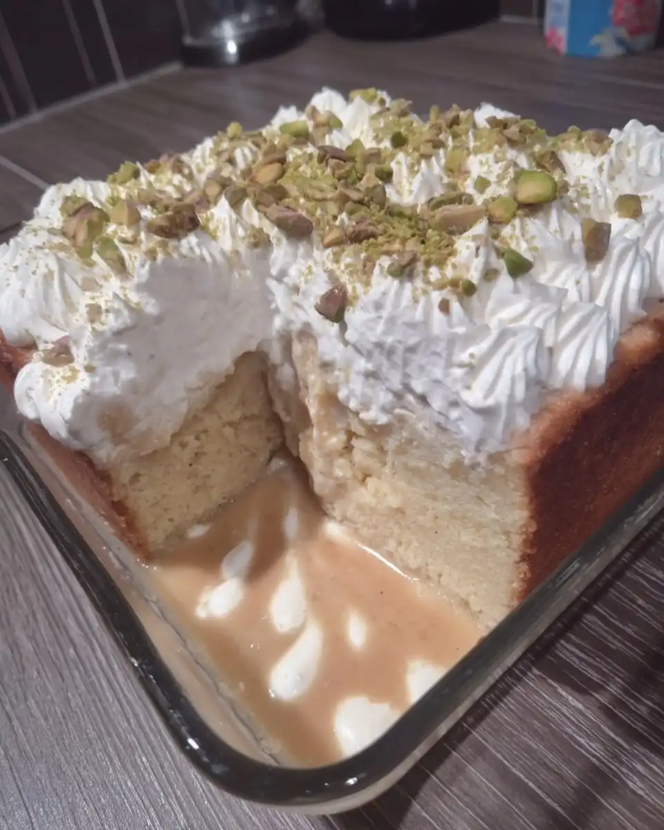A square slice of tres leches cake on a white plate with a fork