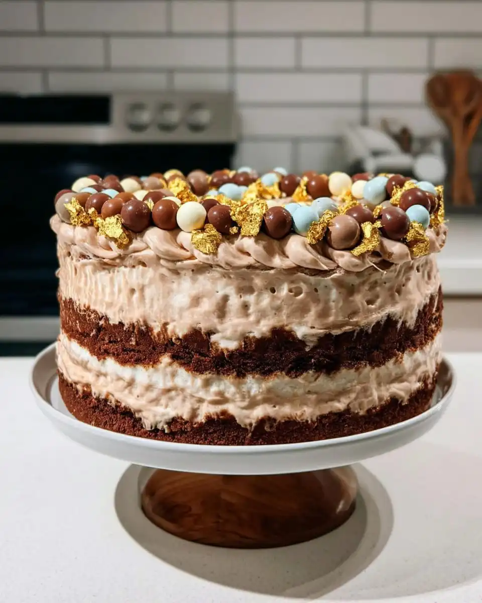 A slice of fault line cake showing yellow layers and Nutella frosting