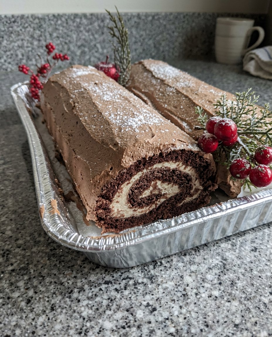 Yule Log Cake 14 A slice of yule log cake showing the internal spiral next to a sprig of rosemary