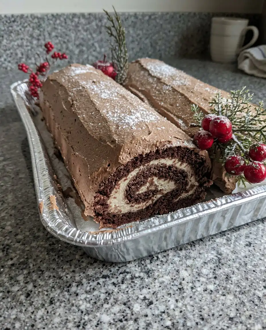 A slice of yule log cake showing the internal spiral next to a sprig of rosemary