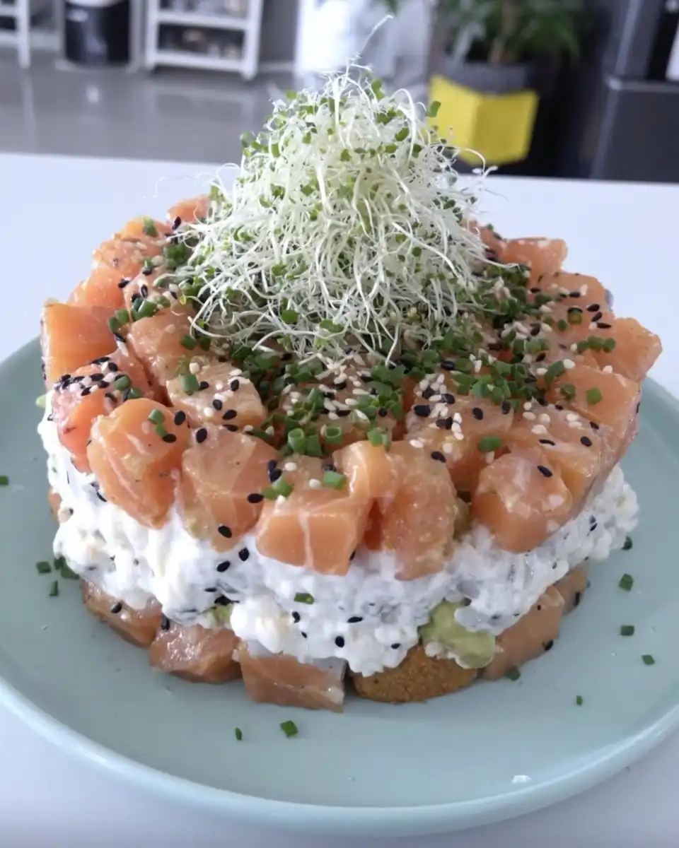 A slice of sushi cake being removed to show the internal layers