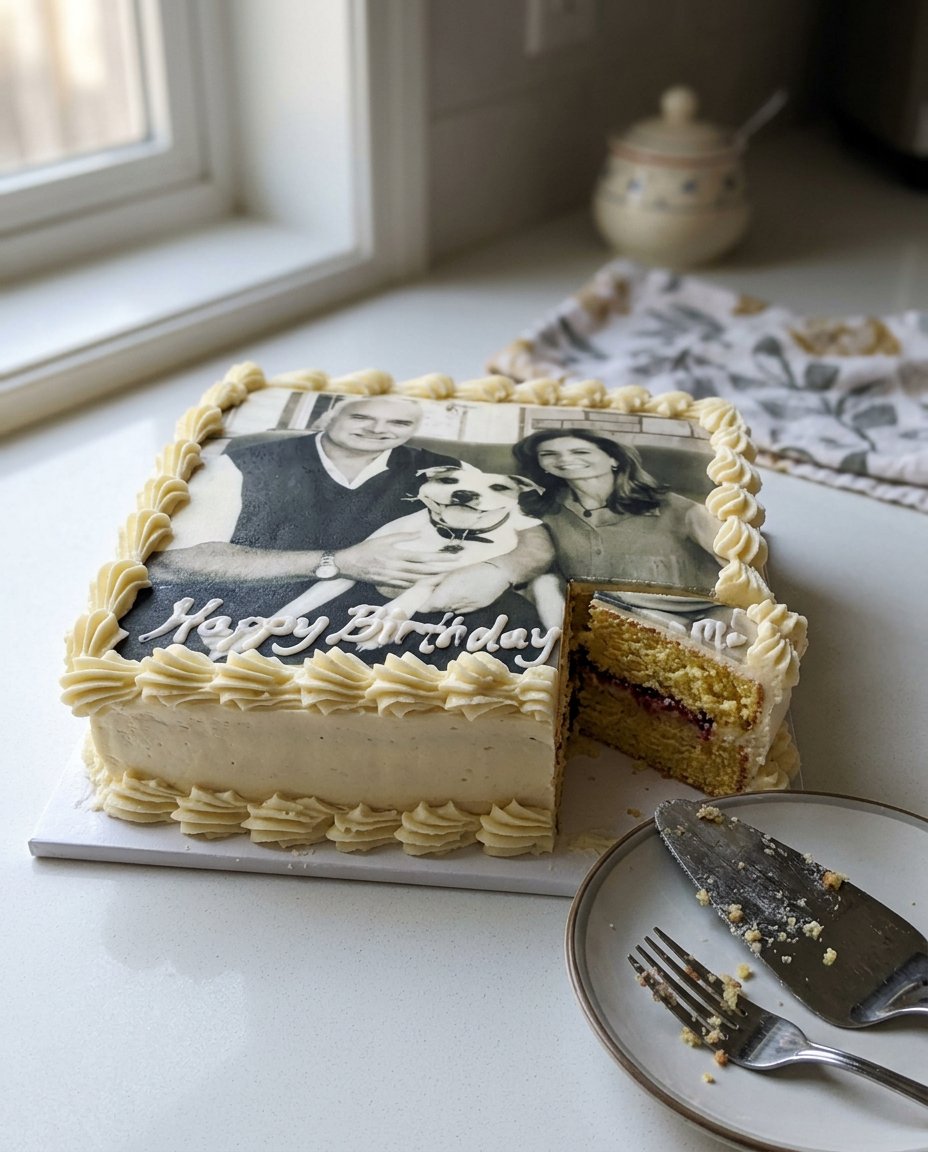 A person slicing a photo cake with a clean knife